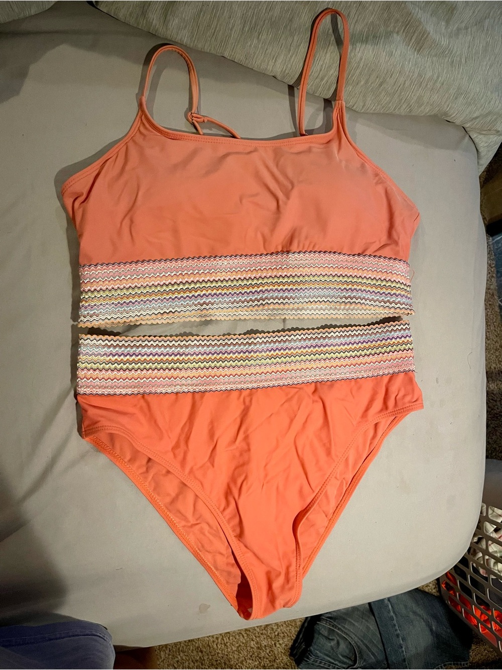 SHEIN Coral Orange One-Piece Bikini with Multicolor Waistband